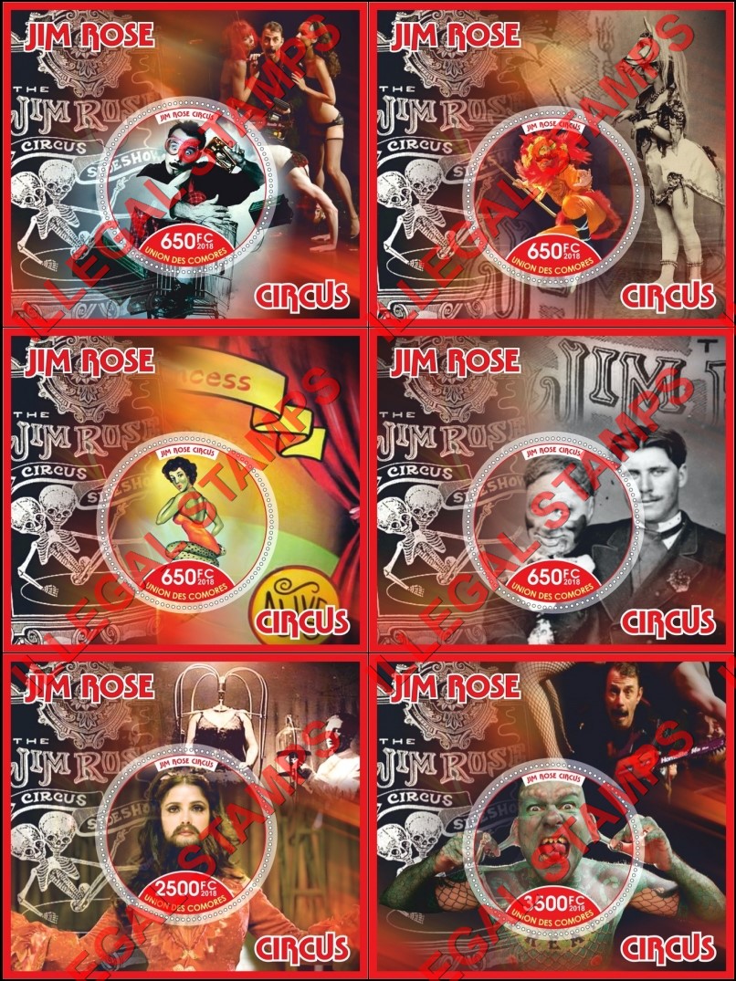 Comoro Islands 2018 Circus Jim Rose Counterfeit Illegal Stamp Souvenir Sheets of 1 Comoro Islands 2018 Circus Jim Rose Counterfeit Illegal Stamp Souvenir Sheets of 1