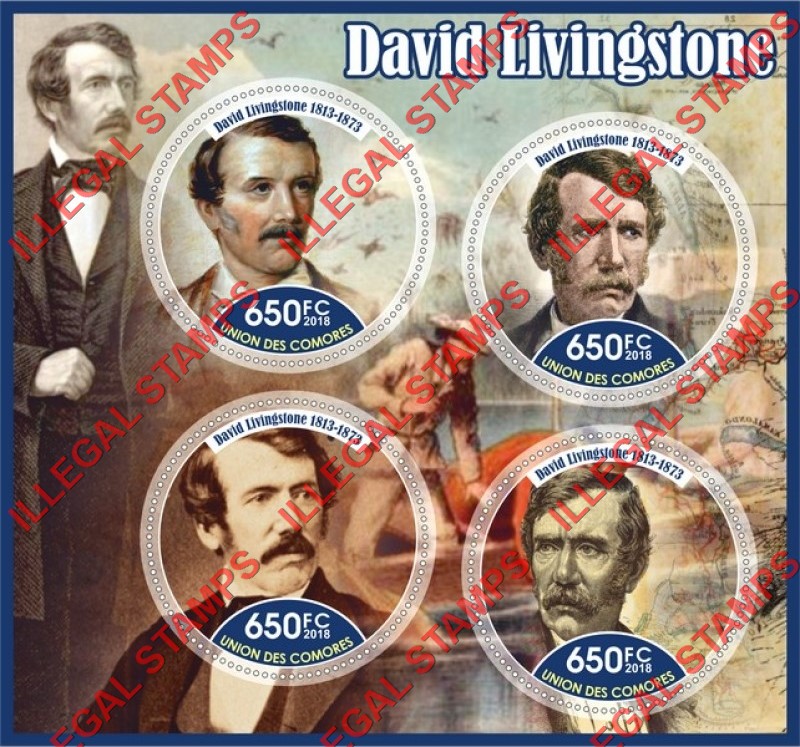 Comoro Islands 2018 David Livingstone Counterfeit Illegal Stamp Souvenir Sheet of 4 Comoro Islands 2018 David Livingstone Counterfeit Illegal Stamp Souvenir Sheet of 4