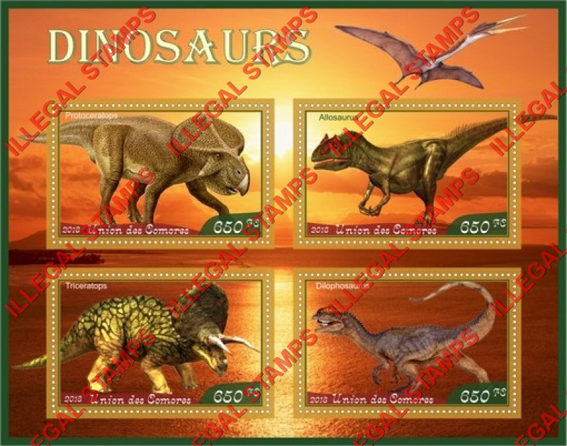 Comoro Islands 2018 Dinosaurs Counterfeit Illegal Stamp Souvenir Sheet of 4 Comoro Islands 2018 Dinosaurs Counterfeit Illegal Stamp Souvenir Sheet of 4