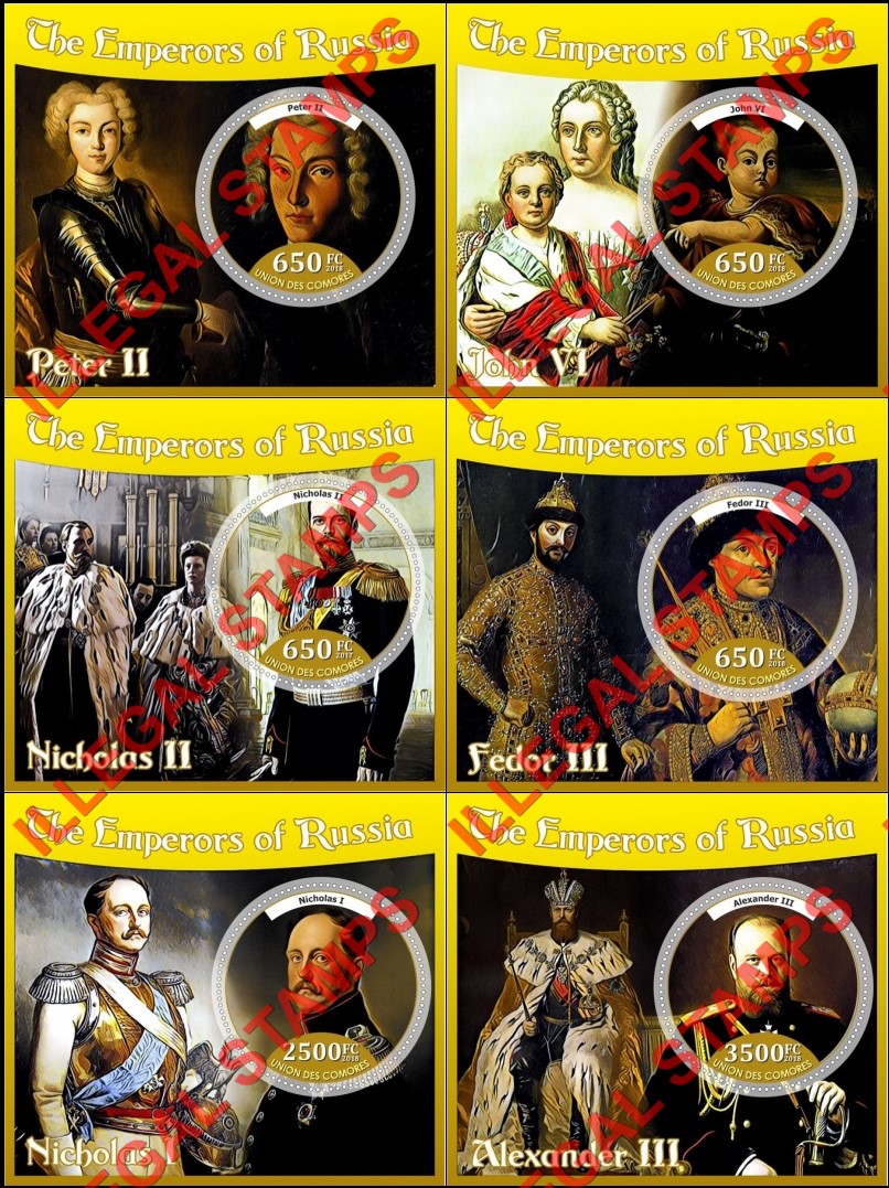 Comoro Islands 2018 Emperors of Russia Counterfeit Illegal Stamp Souvenir Sheets of 1 Comoro Islands 2018 Emperors of Russia Counterfeit Illegal Stamp Souvenir Sheets of 1
