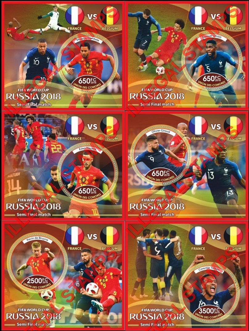 Comoro Islands 2018 FIFA World Cup Soccer in Russia Semi Final Match Counterfeit Illegal Stamp Souvenir Sheets of 1 Comoro Islands 2018 FIFA World Cup Soccer in Russia Semi Final Match Counterfeit Illegal Stamp Souvenir Sheets of 1