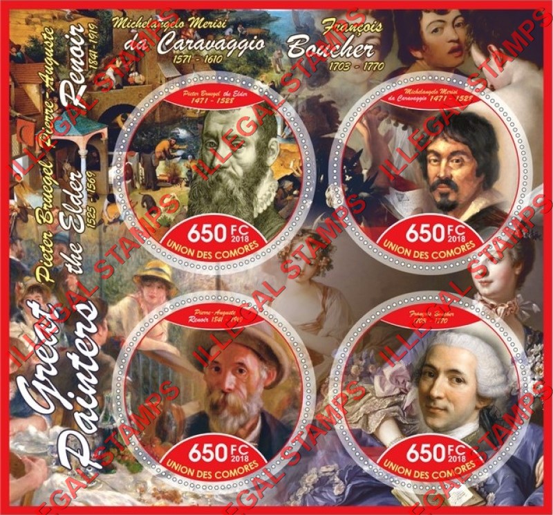 Comoro Islands 2018 Great Painters Counterfeit Illegal Stamp Souvenir Sheet of 4 Comoro Islands 2018 Great Painters Counterfeit Illegal Stamp Souvenir Sheet of 4
