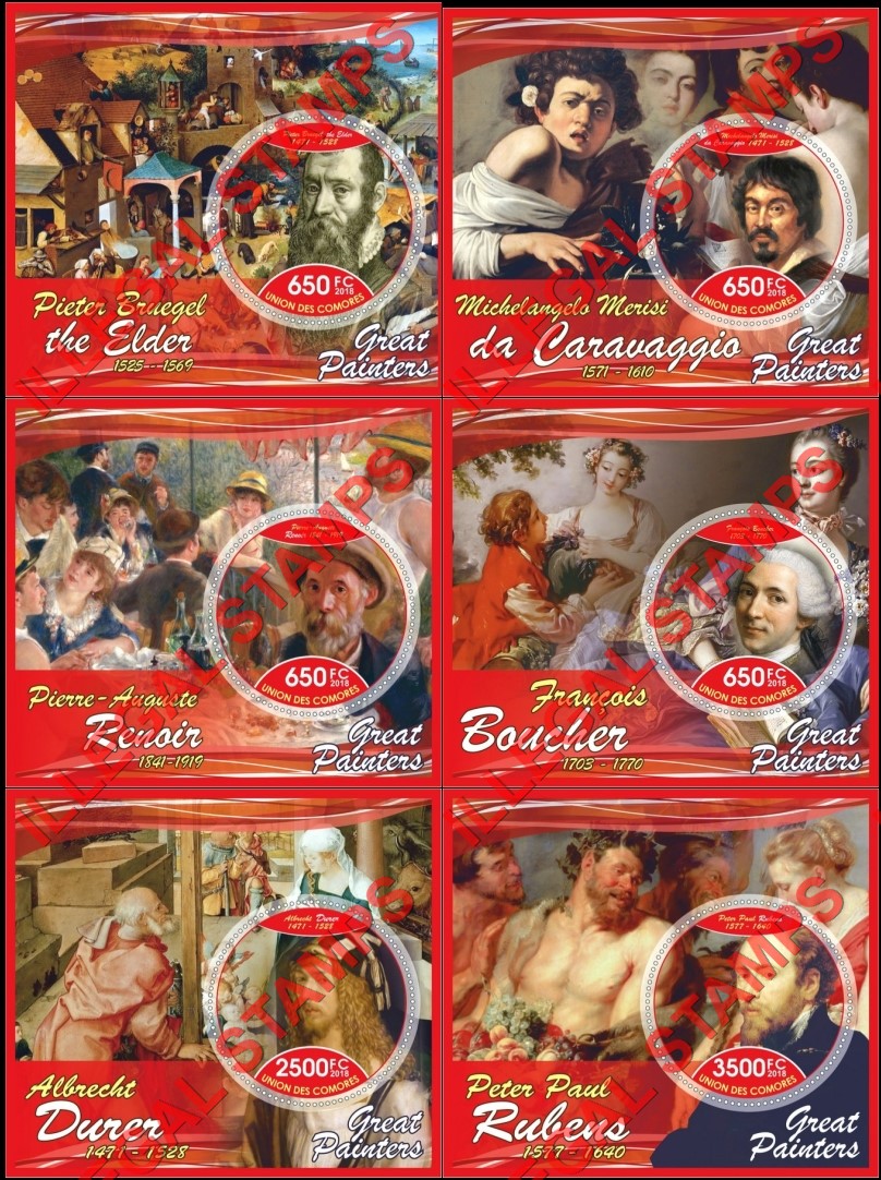 Comoro Islands 2018 Great Painters Counterfeit Illegal Stamp Souvenir Sheets of 1 Comoro Islands 2018 Great Painters Counterfeit Illegal Stamp Souvenir Sheets of 1