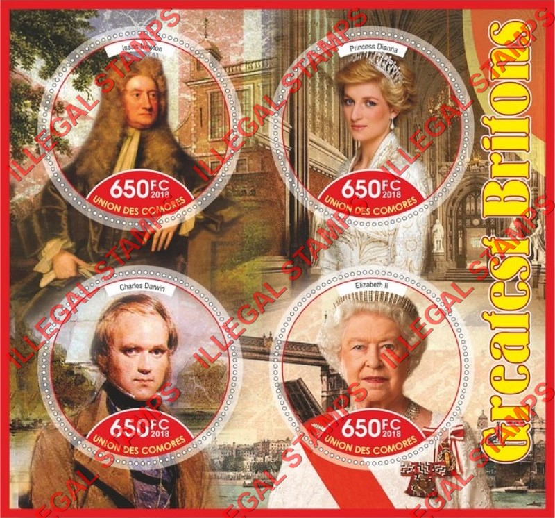 Comoro Islands 2018 Greatest Britons Counterfeit Illegal Stamp Souvenir Sheet of 4 Comoro Islands 2018 Greatest Britons Counterfeit Illegal Stamp Souvenir Sheet of 4