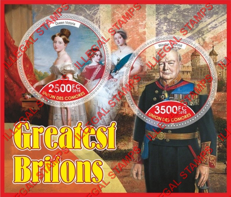 Comoro Islands 2018 Greatest Britons Counterfeit Illegal Stamp Souvenir Sheet of 2 Comoro Islands 2018 Greatest Britons Counterfeit Illegal Stamp Souvenir Sheet of 2
