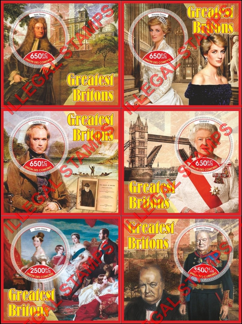 Comoro Islands 2018 Greatest Britons Counterfeit Illegal Stamp Souvenir Sheets of 1 Comoro Islands 2018 Greatest Britons Counterfeit Illegal Stamp Souvenir Sheets of 1