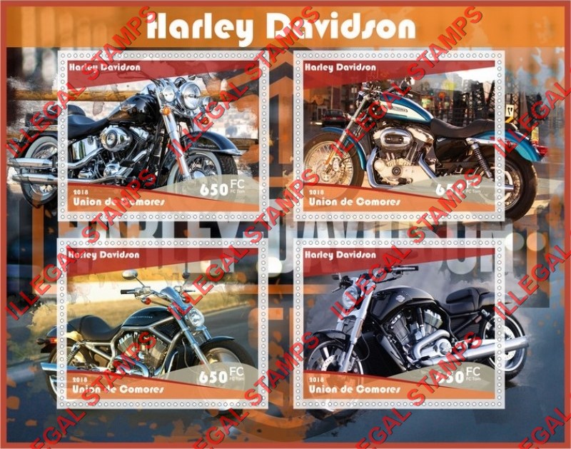 Comoro Islands 2018 Harley Davidson Motorcycles Counterfeit Illegal Stamp Souvenir Sheet of 4 Comoro Islands 2018 Harley Davidson Motorcycles Counterfeit Illegal Stamp Souvenir Sheet of 4