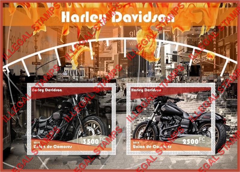 Comoro Islands 2018 Harley Davidson Motorcycles Counterfeit Illegal Stamp Souvenir Sheet of 2 Comoro Islands 2018 Harley Davidson Motorcycles Counterfeit Illegal Stamp Souvenir Sheet of 2