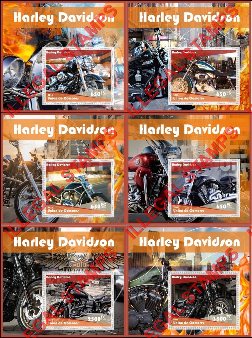 Comoro Islands 2018 Harley Davidson Motorcycles Counterfeit Illegal Stamp Souvenir Sheets of 1 Comoro Islands 2018 Harley Davidson Motorcycles Counterfeit Illegal Stamp Souvenir Sheets of 1