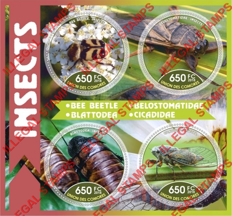 Comoro Islands 2018 Insects Counterfeit Illegal Stamp Souvenir Sheet of 4 Comoro Islands 2018 Insects Counterfeit Illegal Stamp Souvenir Sheet of 4