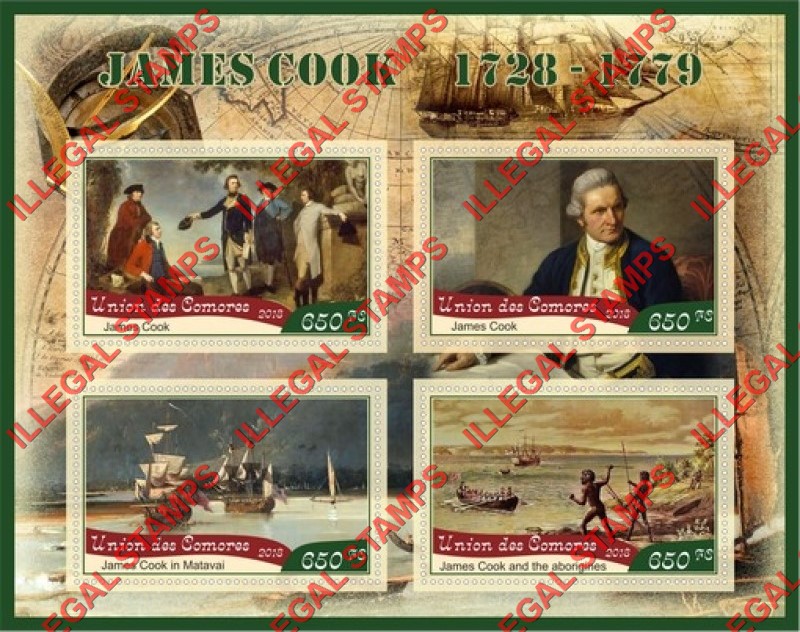 Comoro Islands 2018 James Cook (different) Counterfeit Illegal Stamp Souvenir Sheet of 4 Comoro Islands 2018 James Cook (different) Counterfeit Illegal Stamp Souvenir Sheet of 4