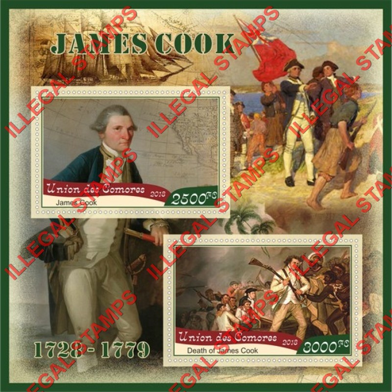 Comoro Islands 2018 James Cook (different) Counterfeit Illegal Stamp Souvenir Sheet of 2 Comoro Islands 2018 James Cook (different) Counterfeit Illegal Stamp Souvenir Sheet of 2
