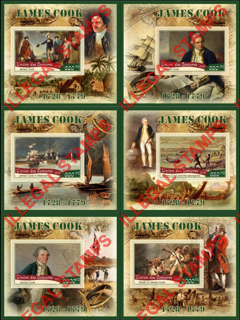 Comoro Islands 2018 James Cook (different) Counterfeit Illegal Stamp Souvenir Sheets of 1 Comoro Islands 2018 James Cook (different) Counterfeit Illegal Stamp Souvenir Sheets of 1