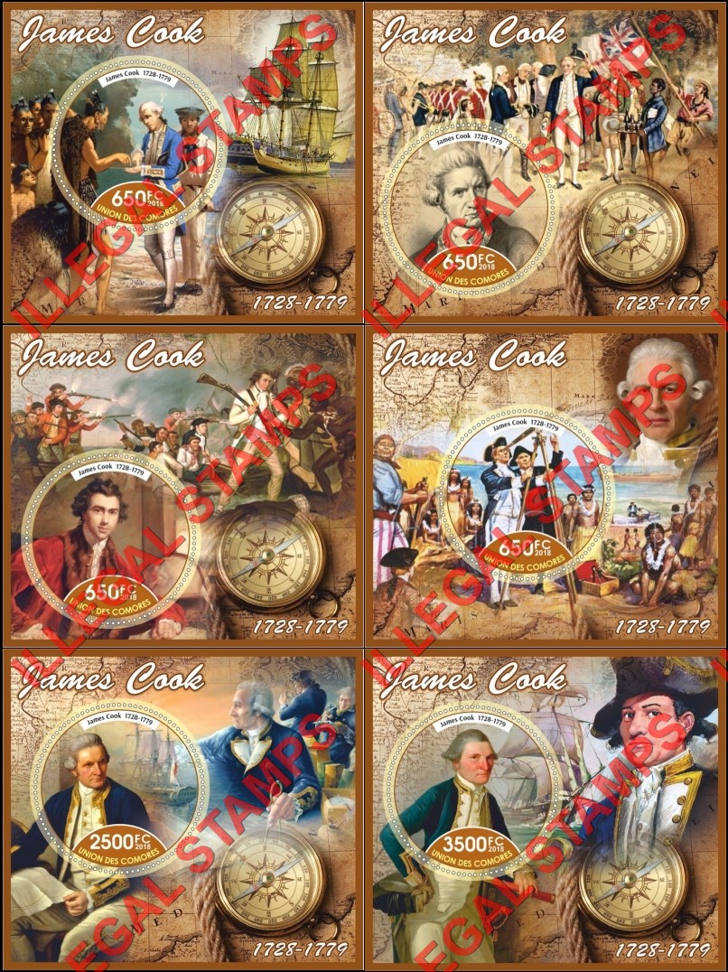 Comoro Islands 2018 James Cook Counterfeit Illegal Stamp Souvenir Sheets of 1 Comoro Islands 2018 James Cook Counterfeit Illegal Stamp Souvenir Sheets of 1