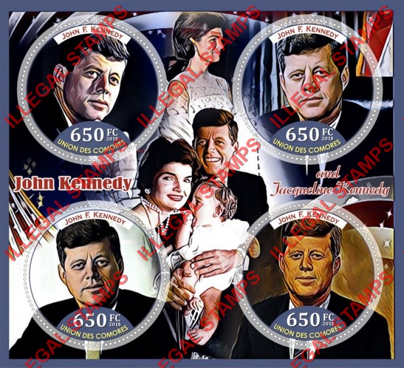 Comoro Islands 2018 John F. Kennedy and Jacqueline Kennedy Counterfeit Illegal Stamp Souvenir Sheet of 4 Comoro Islands 2018 John F. Kennedy and Jacqueline Kennedy Counterfeit Illegal Stamp Souvenir Sheet of 4