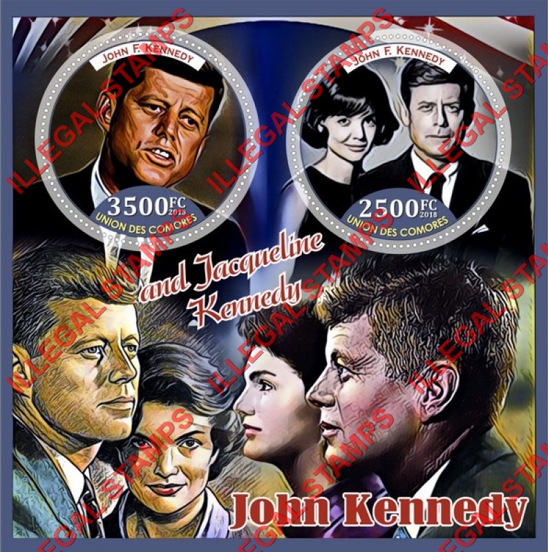 Comoro Islands 2018 John F. Kennedy and Jacqueline Kennedy Counterfeit Illegal Stamp Souvenir Sheet of 2 Comoro Islands 2018 John F. Kennedy and Jacqueline Kennedy Counterfeit Illegal Stamp Souvenir Sheet of 2