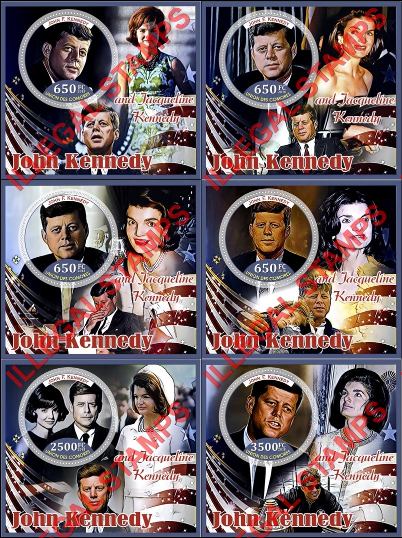 Comoro Islands 2018 John F. Kennedy and Jacqueline Kennedy Counterfeit Illegal Stamp Souvenir Sheets of 1 Comoro Islands 2018 John F. Kennedy and Jacqueline Kennedy Counterfeit Illegal Stamp Souvenir Sheets of 1