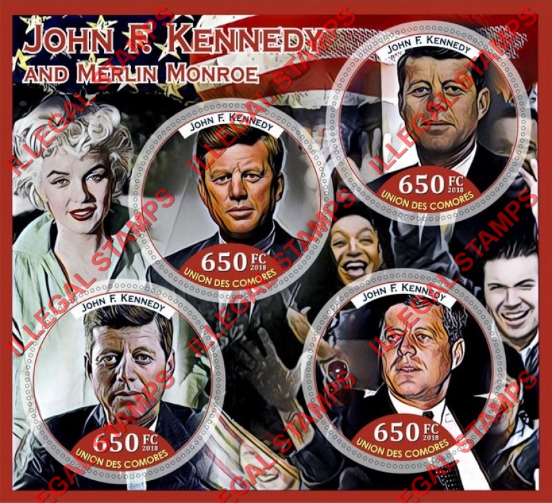 Comoro Islands 2018 John F. Kennedy and Marilyn Monroe Counterfeit Illegal Stamp Souvenir Sheet of 4 Comoro Islands 2018 John F. Kennedy and Marilyn Monroe Counterfeit Illegal Stamp Souvenir Sheet of 4