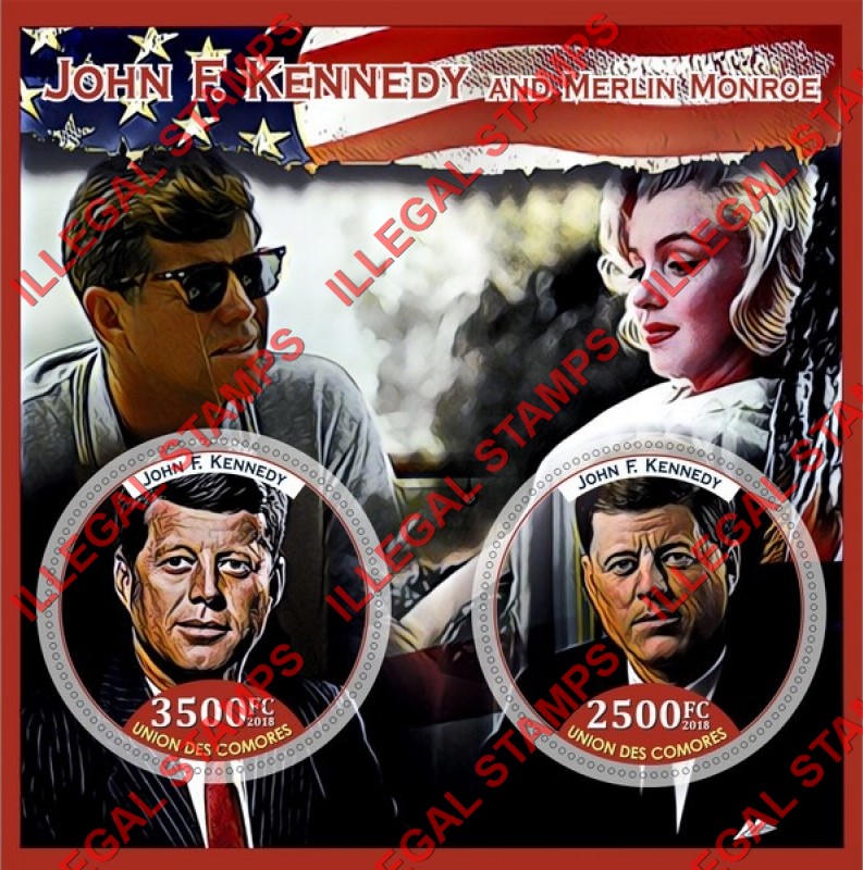 Comoro Islands 2018 John F. Kennedy and Marilyn Monroe Counterfeit Illegal Stamp Souvenir Sheet of 2 Comoro Islands 2018 John F. Kennedy and Marilyn Monroe Counterfeit Illegal Stamp Souvenir Sheet of 2