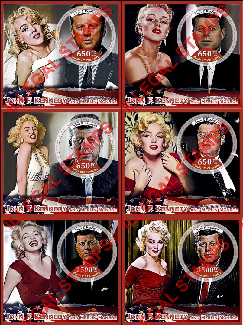 Comoro Islands 2018 John F. Kennedy and Marilyn Monroe Counterfeit Illegal Stamp Souvenir Sheets of 1 Comoro Islands 2018 John F. Kennedy and Marilyn Monroe Counterfeit Illegal Stamp Souvenir Sheets of 1