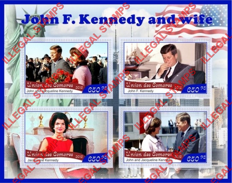 Comoro Islands 2018 John F. Kennedy and Wife Counterfeit Illegal Stamp Souvenir Sheet of 4 Comoro Islands 2018 John F. Kennedy and Wife Counterfeit Illegal Stamp Souvenir Sheet of 4