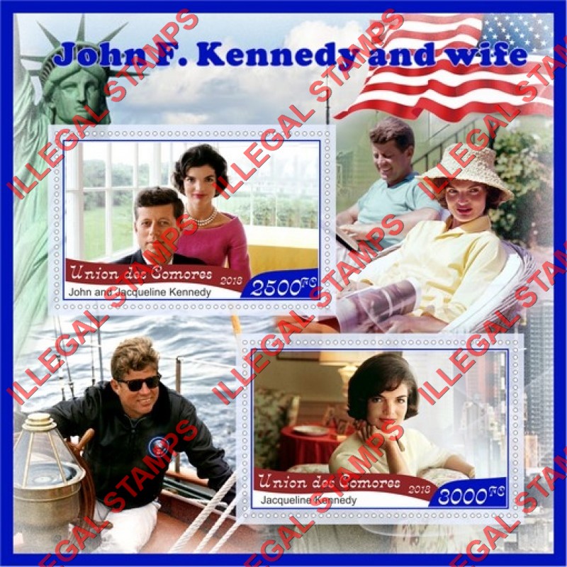 Comoro Islands 2018 John F. Kennedy and Wife Counterfeit Illegal Stamp Souvenir Sheet of 2 Comoro Islands 2018 John F. Kennedy and Wife Counterfeit Illegal Stamp Souvenir Sheet of 2