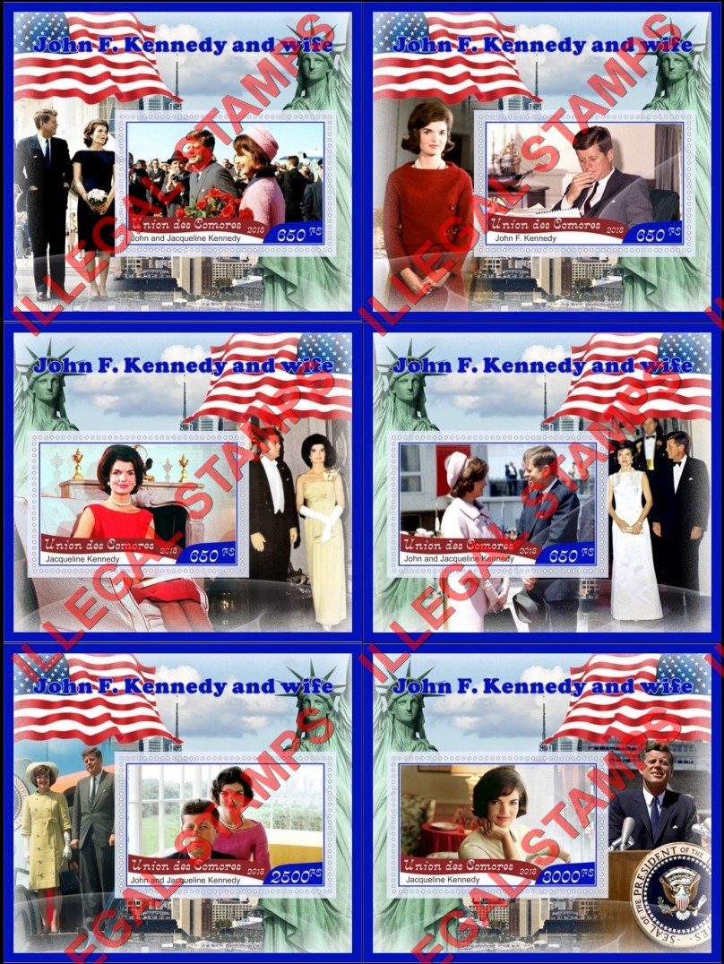 Comoro Islands 2018 John F. Kennedy and Wife Counterfeit Illegal Stamp Souvenir Sheets of 1 Comoro Islands 2018 John F. Kennedy and Wife Counterfeit Illegal Stamp Souvenir Sheets of 1