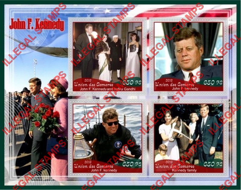Comoro Islands 2018 John F. Kennedy (different) Counterfeit Illegal Stamp Souvenir Sheet of 4 Comoro Islands 2018 John F. Kennedy (different) Counterfeit Illegal Stamp Souvenir Sheet of 4