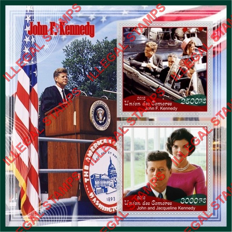 Comoro Islands 2018 John F. Kennedy (different) Counterfeit Illegal Stamp Souvenir Sheet of 2 Comoro Islands 2018 John F. Kennedy (different) Counterfeit Illegal Stamp Souvenir Sheet of 2