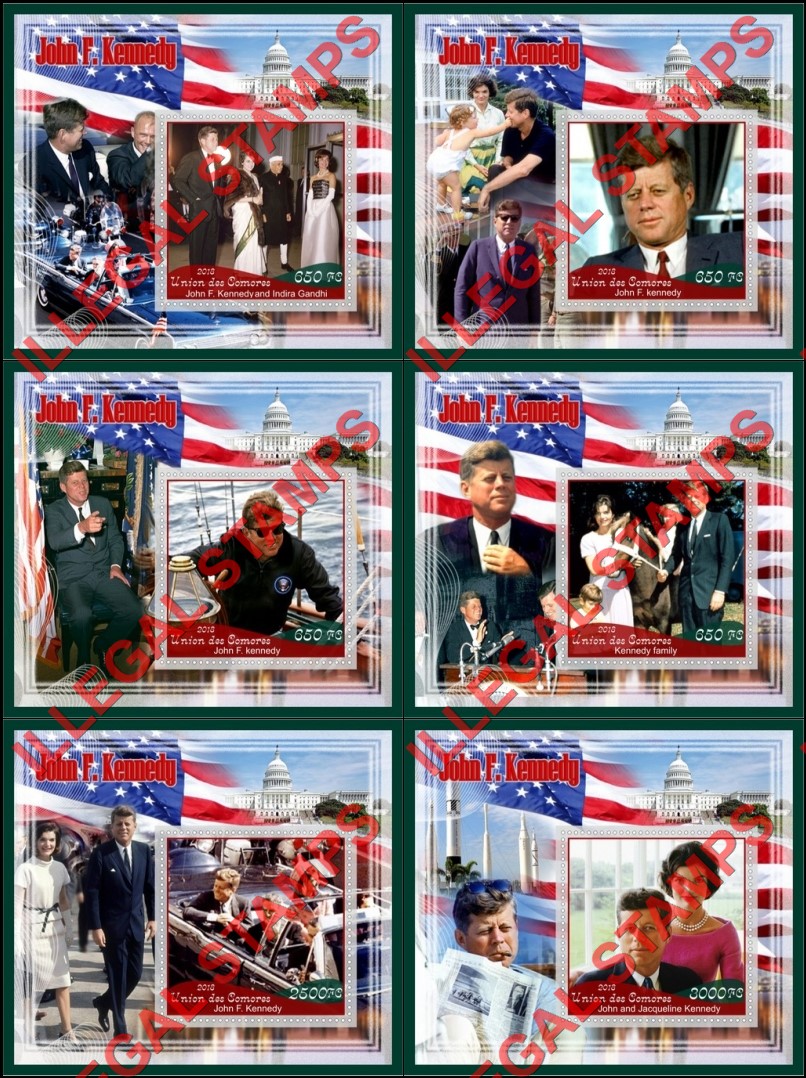 Comoro Islands 2018 John F. Kennedy (different) Counterfeit Illegal Stamp Souvenir Sheets of 1 Comoro Islands 2018 John F. Kennedy (different) Counterfeit Illegal Stamp Souvenir Sheets of 1