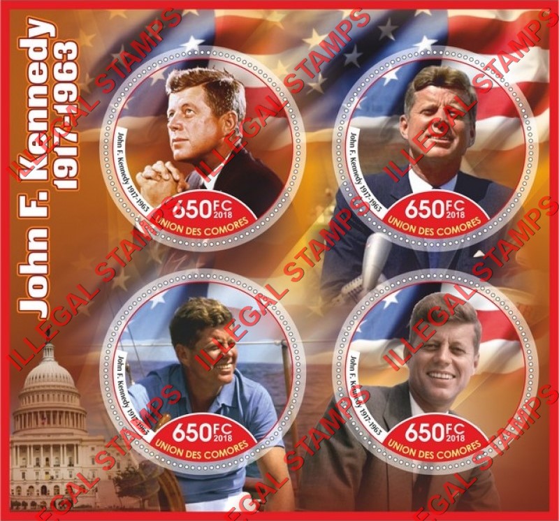 Comoro Islands 2018 John F. Kennedy Counterfeit Illegal Stamp Souvenir Sheet of 4 Comoro Islands 2018 John F. Kennedy Counterfeit Illegal Stamp Souvenir Sheet of 4
