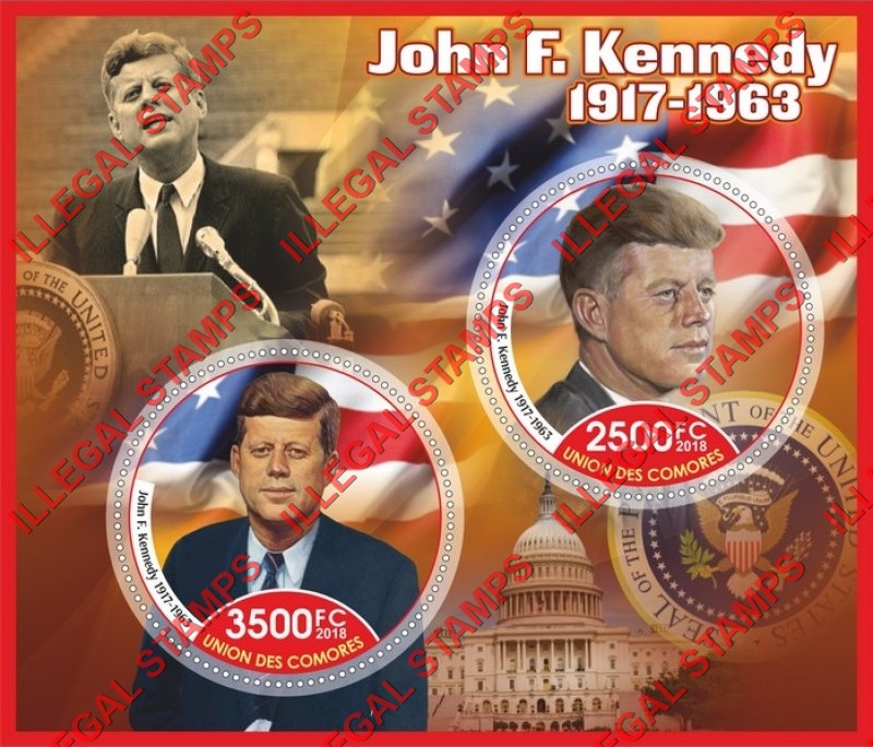 Comoro Islands 2018 John F. Kennedy Counterfeit Illegal Stamp Souvenir Sheet of 2 Comoro Islands 2018 John F. Kennedy Counterfeit Illegal Stamp Souvenir Sheet of 2