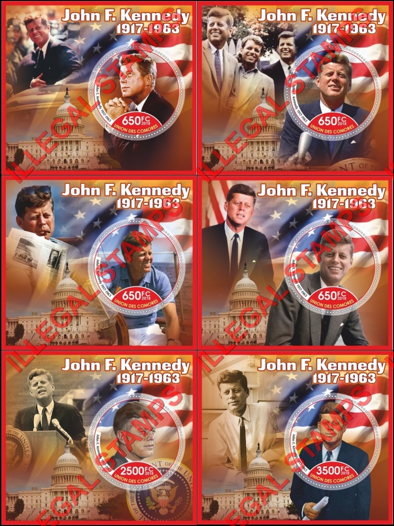 Comoro Islands 2018 John F. Kennedy Counterfeit Illegal Stamp Souvenir Sheets of 1 Comoro Islands 2018 John F. Kennedy Counterfeit Illegal Stamp Souvenir Sheets of 1