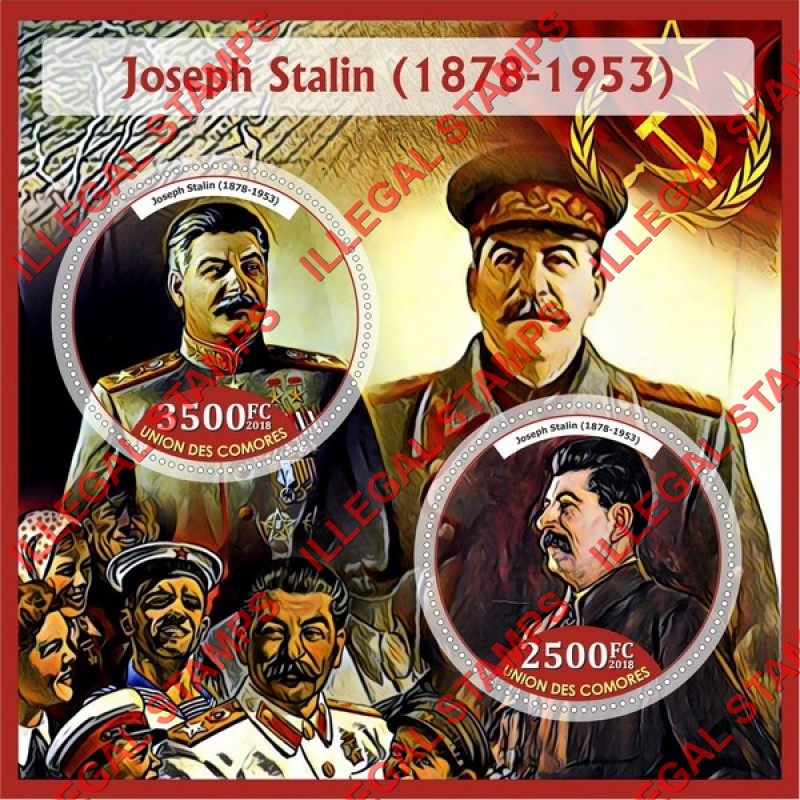 Comoro Islands 2018 Joseph Stalin Counterfeit Illegal Stamp Souvenir Sheet of 2 Comoro Islands 2018 Joseph Stalin Counterfeit Illegal Stamp Souvenir Sheet of 2