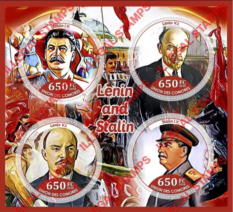 Comoro Islands 2018 Lenin and Stalin (different) Counterfeit Illegal Stamp Souvenir Sheet of 4 Comoro Islands 2018 Lenin and Stalin (different) Counterfeit Illegal Stamp Souvenir Sheet of 4