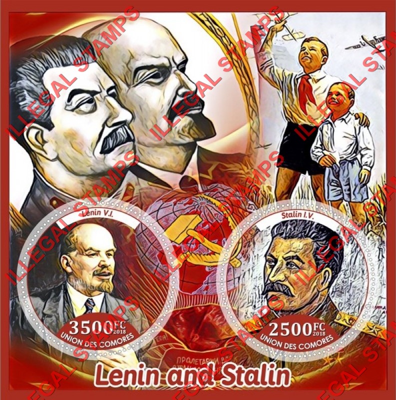 Comoro Islands 2018 Lenin and Stalin (different) Counterfeit Illegal Stamp Souvenir Sheet of 2 Comoro Islands 2018 Lenin and Stalin (different) Counterfeit Illegal Stamp Souvenir Sheet of 2