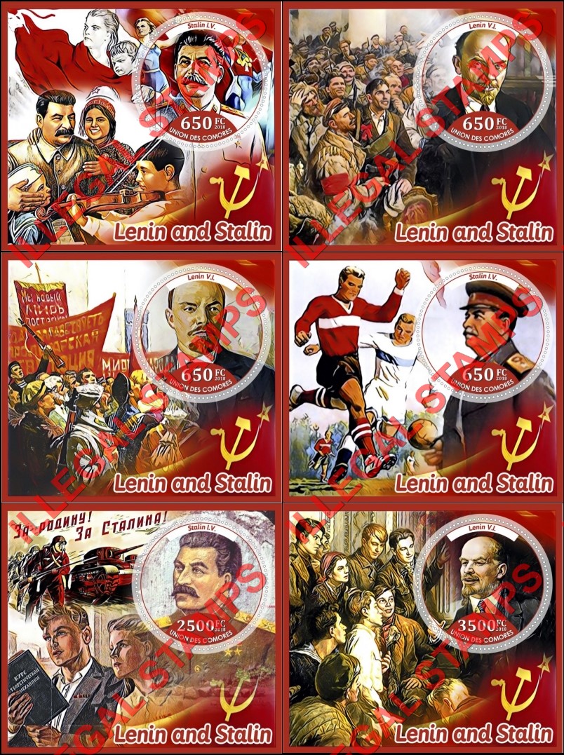 Comoro Islands 2018 Lenin and Stalin (different) Counterfeit Illegal Stamp Souvenir Sheets of 1 Comoro Islands 2018 Lenin and Stalin (different) Counterfeit Illegal Stamp Souvenir Sheets of 1