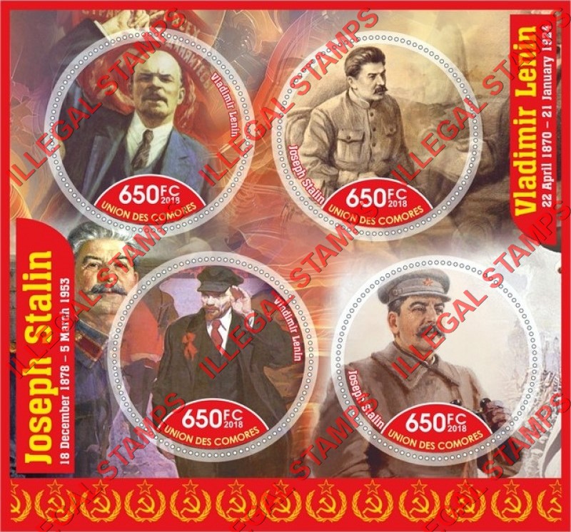 Comoro Islands 2018 Lenin and Stalin Counterfeit Illegal Stamp Souvenir Sheet of 4 Comoro Islands 2018 Lenin and Stalin Counterfeit Illegal Stamp Souvenir Sheet of 4