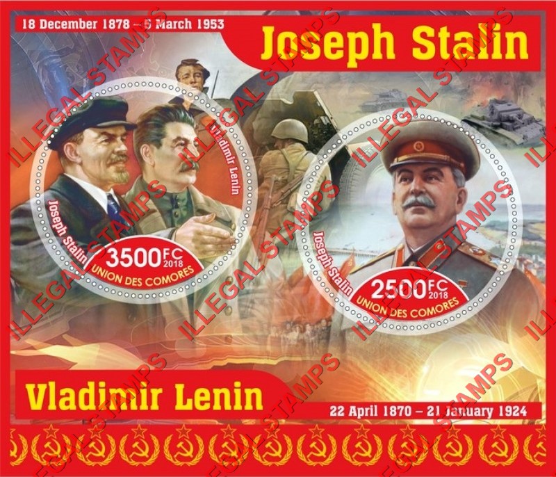 Comoro Islands 2018 Lenin and Stalin Counterfeit Illegal Stamp Souvenir Sheet of 2 Comoro Islands 2018 Lenin and Stalin Counterfeit Illegal Stamp Souvenir Sheet of 2