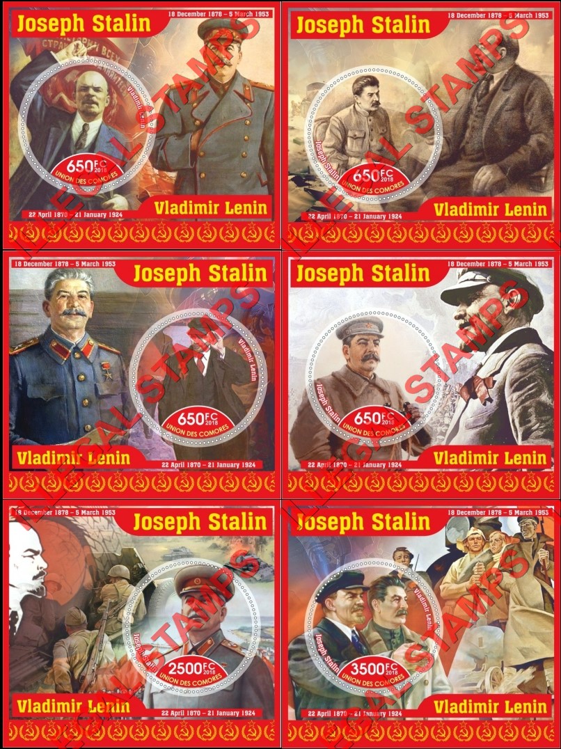 Comoro Islands 2018 Lenin and Stalin Counterfeit Illegal Stamp Souvenir Sheets of 1 Comoro Islands 2018 Lenin and Stalin Counterfeit Illegal Stamp Souvenir Sheets of 1