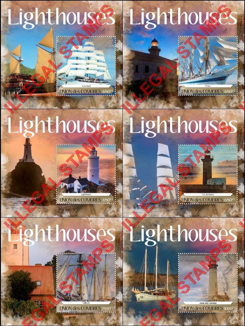 Comoro Islands 2018 Lighthouses and Sailing Ships Counterfeit Illegal Stamp Souvenir Sheets of 1 Comoro Islands 2018 Lighthouses and Sailing Ships Counterfeit Illegal Stamp Souvenir Sheets of 1