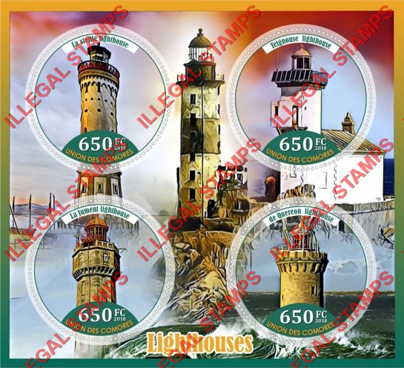 Comoro Islands 2018 Lighthouses Counterfeit Illegal Stamp Souvenir Sheet of 4 Comoro Islands 2018 Lighthouses Counterfeit Illegal Stamp Souvenir Sheet of 4