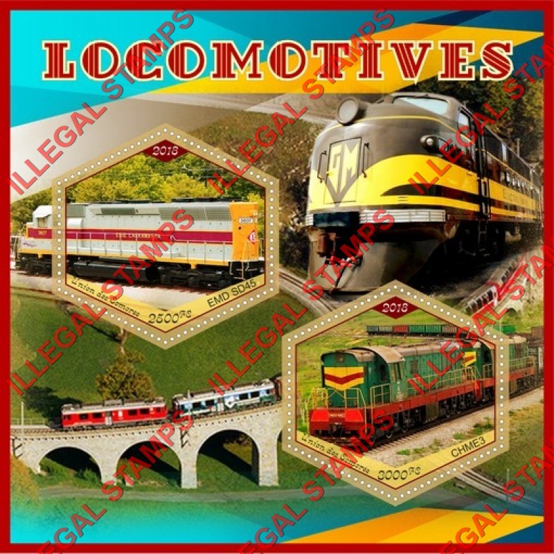 Comoro Islands 2018 Locomotives Counterfeit Illegal Stamp Souvenir Sheet of 2 Comoro Islands 2018 Locomotives Counterfeit Illegal Stamp Souvenir Sheet of 2