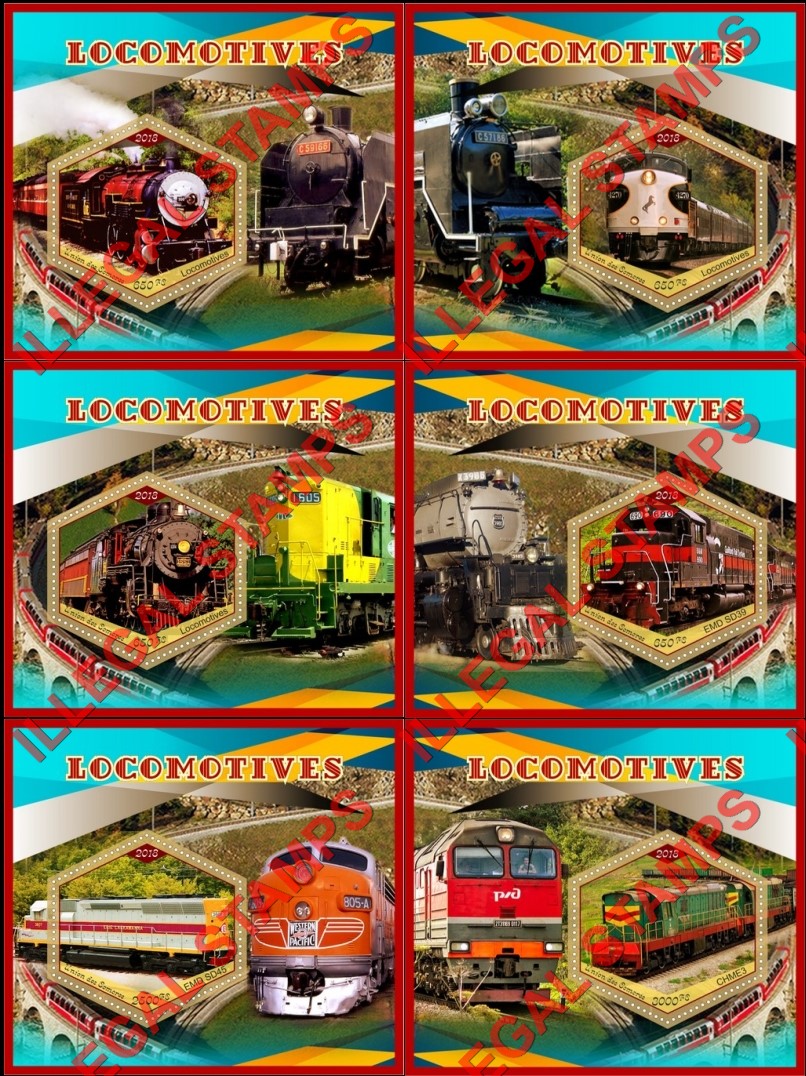 Comoro Islands 2018 Locomotives Counterfeit Illegal Stamp Souvenir Sheets of 1 Comoro Islands 2018 Locomotives Counterfeit Illegal Stamp Souvenir Sheets of 1
