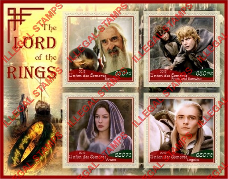 Comoro Islands 2018 Lord of the Rings Counterfeit Illegal Stamp Souvenir Sheet of 4 Comoro Islands 2018 Lord of the Rings Counterfeit Illegal Stamp Souvenir Sheet of 4