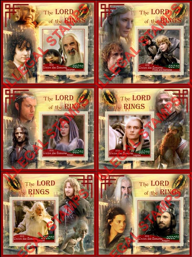 Comoro Islands 2018 Lord of the Rings Counterfeit Illegal Stamp Souvenir Sheets of 1 Comoro Islands 2018 Lord of the Rings Counterfeit Illegal Stamp Souvenir Sheets of 1
