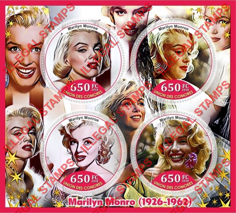 Comoro Islands 2018 Marilyn Monroe Counterfeit Illegal Stamp Souvenir Sheet of 4 Comoro Islands 2018 Marilyn Monroe Counterfeit Illegal Stamp Souvenir Sheet of 4