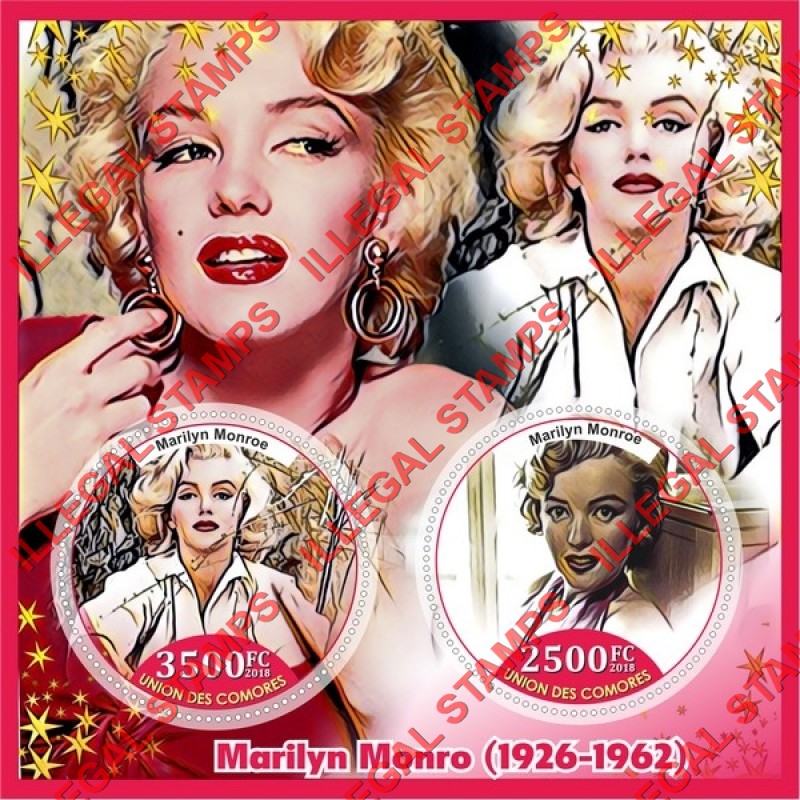 Comoro Islands 2018 Marilyn Monroe Counterfeit Illegal Stamp Souvenir Sheet of 2 Comoro Islands 2018 Marilyn Monroe Counterfeit Illegal Stamp Souvenir Sheet of 2