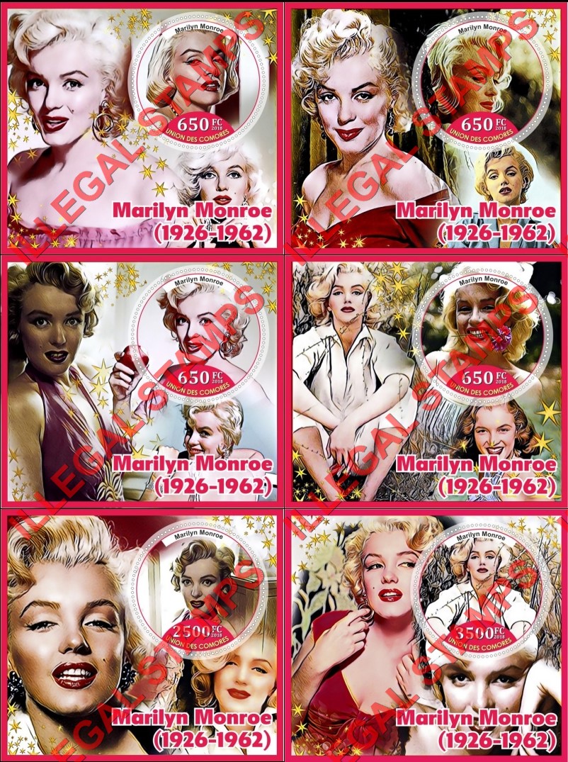 Comoro Islands 2018 Marilyn Monroe Counterfeit Illegal Stamp Souvenir Sheets of 1 Comoro Islands 2018 Marilyn Monroe Counterfeit Illegal Stamp Souvenir Sheets of 1