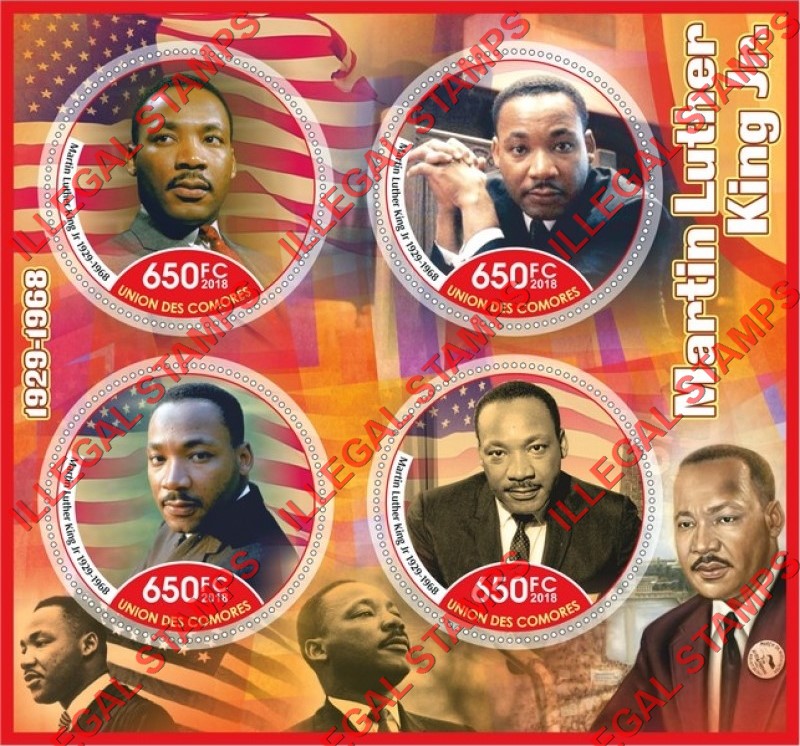 Comoro Islands 2018 Martin Luther King Jr. Counterfeit Illegal Stamp Souvenir Sheet of 4 Comoro Islands 2018 Martin Luther King Jr. Counterfeit Illegal Stamp Souvenir Sheet of 4